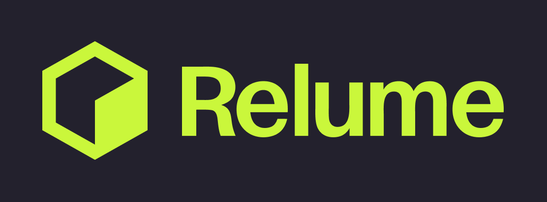 Relume company logo featuring a stylized hexagon icon next to the text 'Relume'.