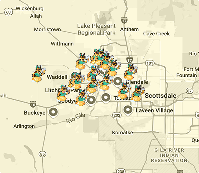 Map showing multiple cartoon mascot icons clustered around Goodyear and Glendale in the western Phoenix metropolitan area, Arizona.