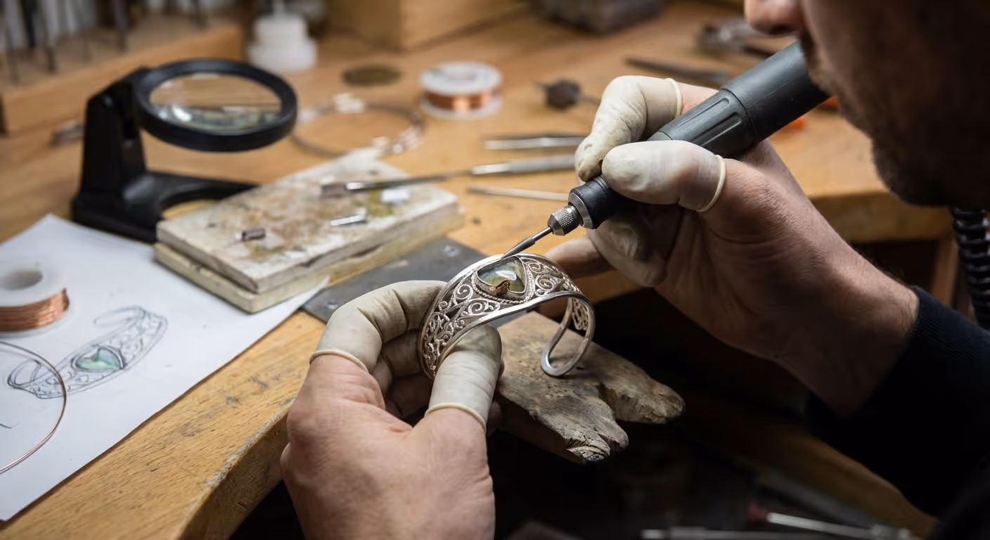 A craftsman wearing gloves intricately engraving a silver bracelet with a central green stone using a handheld rotary tool at a cluttered workbench.