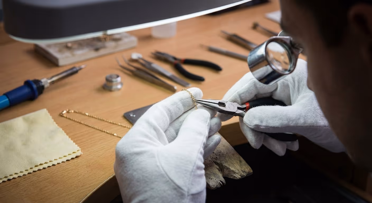 Jeweler wearing white gloves using pliers and magnifying loupe to repair a gold chain on a wooden workbench with tools.