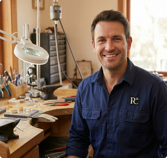 Smiling man in a blue shirt sitting in a jewelry workshop with tools and jewelry on the workbench.