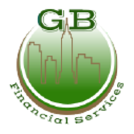 Green circular logo with city skyline outline and letters GB above, with text 'financial services' curved inside the bottom.