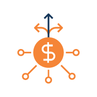 Orange coin with dollar symbol connected to multiple nodes and arrows pointing left, up, and right.