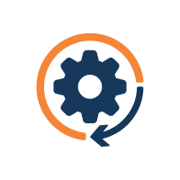 Dark blue gear encircled by an orange and blue arrow forming a partial loop.