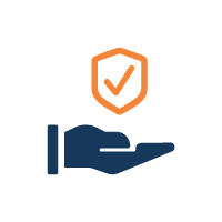 Icon of a dark blue hand holding a shield with an orange checkmark indicating reliable service.