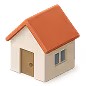 Isometric illustration of a small beige house with a red gabled roof and a single window.
