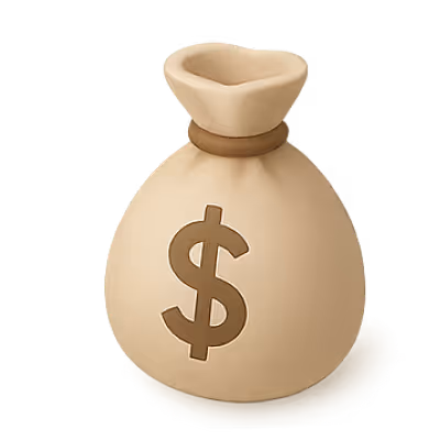 Beige money bag with a dark brown dollar sign on it and a tied top.