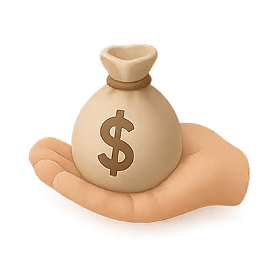 Hand holding a beige money bag with a dollar sign on it.