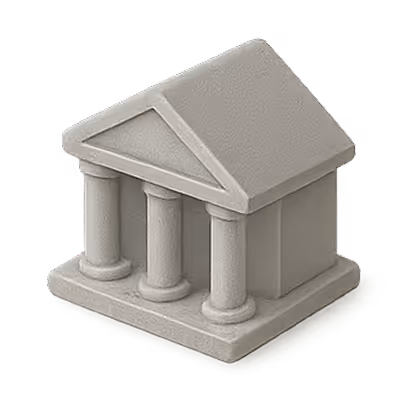 Gray miniature model of a classical Greek-style building with three columns and a triangular pediment.