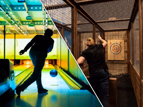 Links een persoon die aan het bowlen is op een verlichte bowlingbaan, rechts een persoon die met een bijl gooit op een doelwit in een bijlwerpruimte.