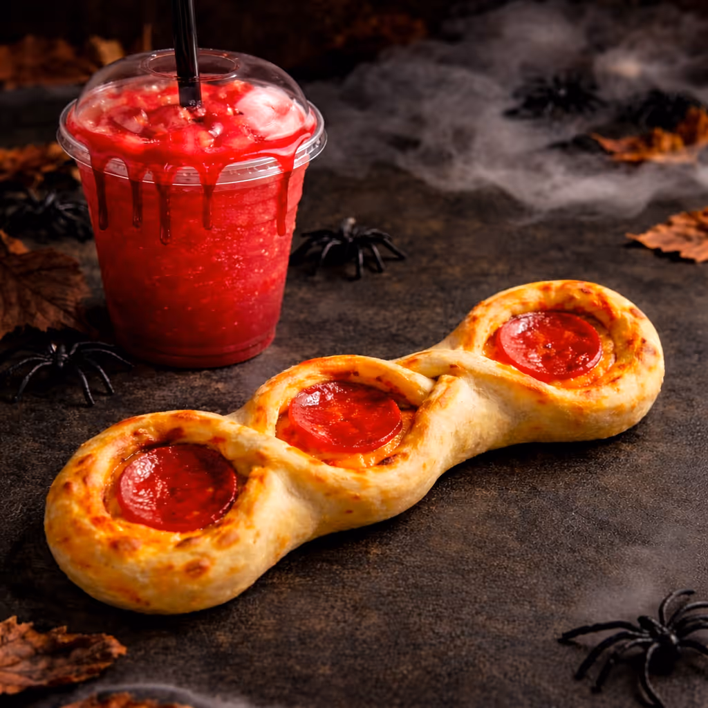 Halloween-thema: drievoudige pizza met pepperoni en een rode drank met nepbloed druppels en plastic spinnen rondom.