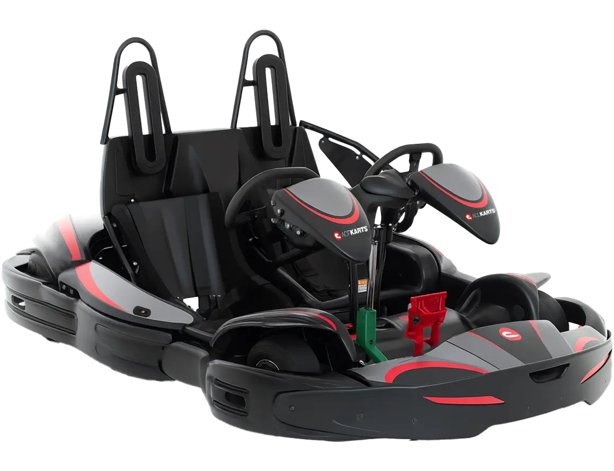 Two-seater go-kart with dual steering wheels and seats.