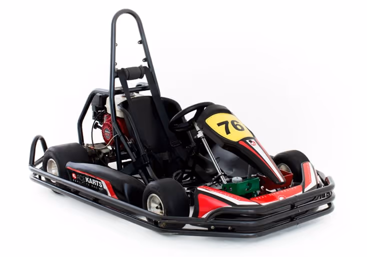 Rookie go-kart with number 76, featuring a compact design, roll bar, and safety bumpers.