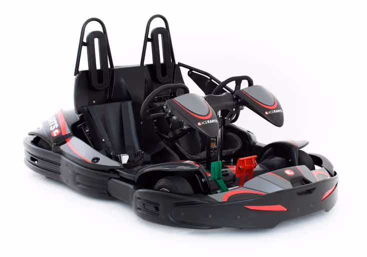 2-seater go-kart with dual steering wheels and seats.
