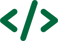 Green code brackets with a forward slash symbol in the center.