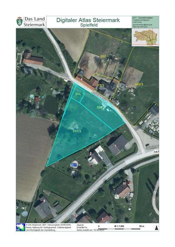 Digitaler Atlas-Ausschnitt von Spielfeld mit markiertem Baugrundstück und Grundstücksnummern