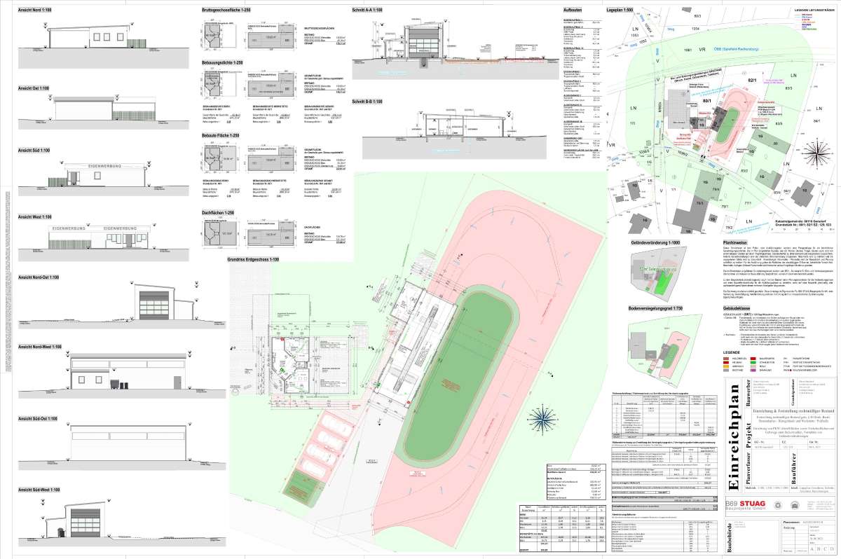 Technischer Bauplan mit Grundrissen, Ansichten und Bemaßungen des Gewerbeobjekts