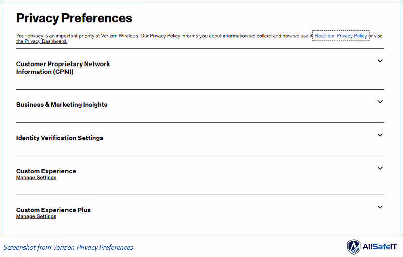 Screenshot from Verizon Privacy Preferences page