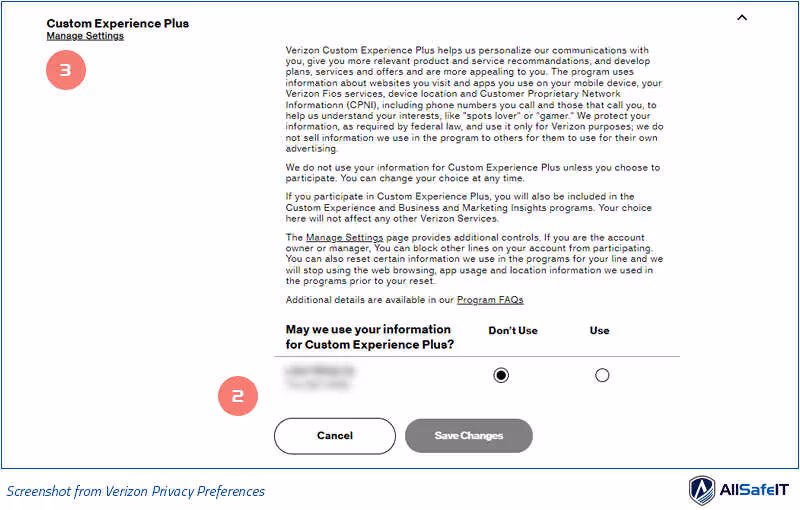 Select Don't Use to opt out of the Custom Experience Plus program