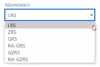 Dropdown menu showing several options for cloud storage redundancy