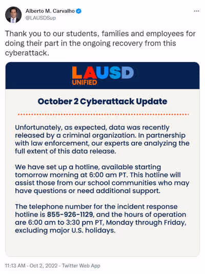 LAUSD Ransomware tweet