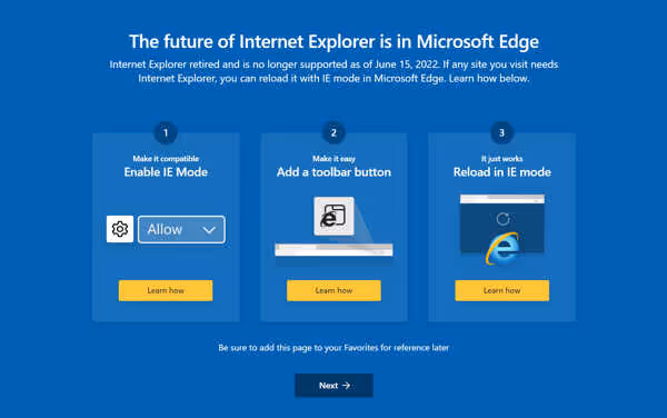 Users will be able to use IE Mode for websites that only work with Internet Explorer