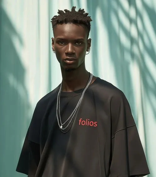 A man with a necklace and a t - shirt on.