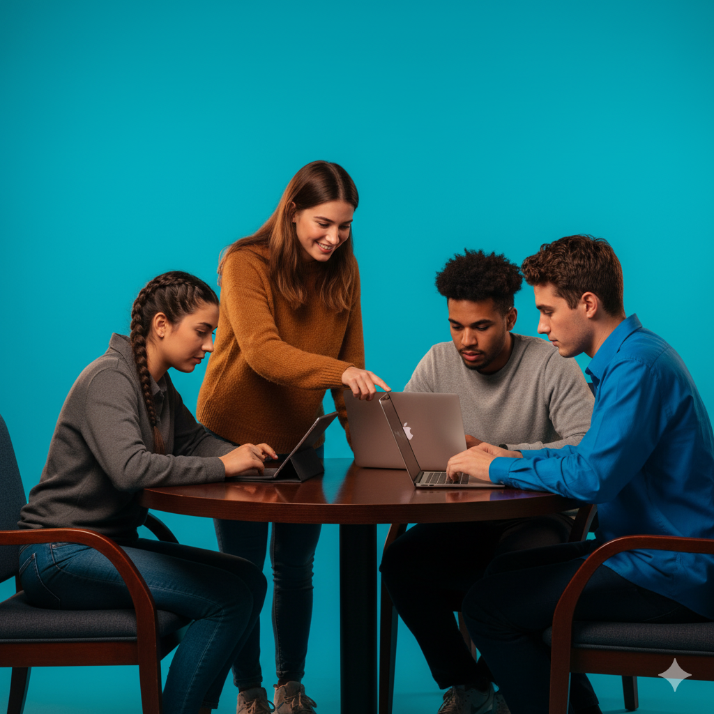 image of a teacher interacting with students using digital tools (for edtech)