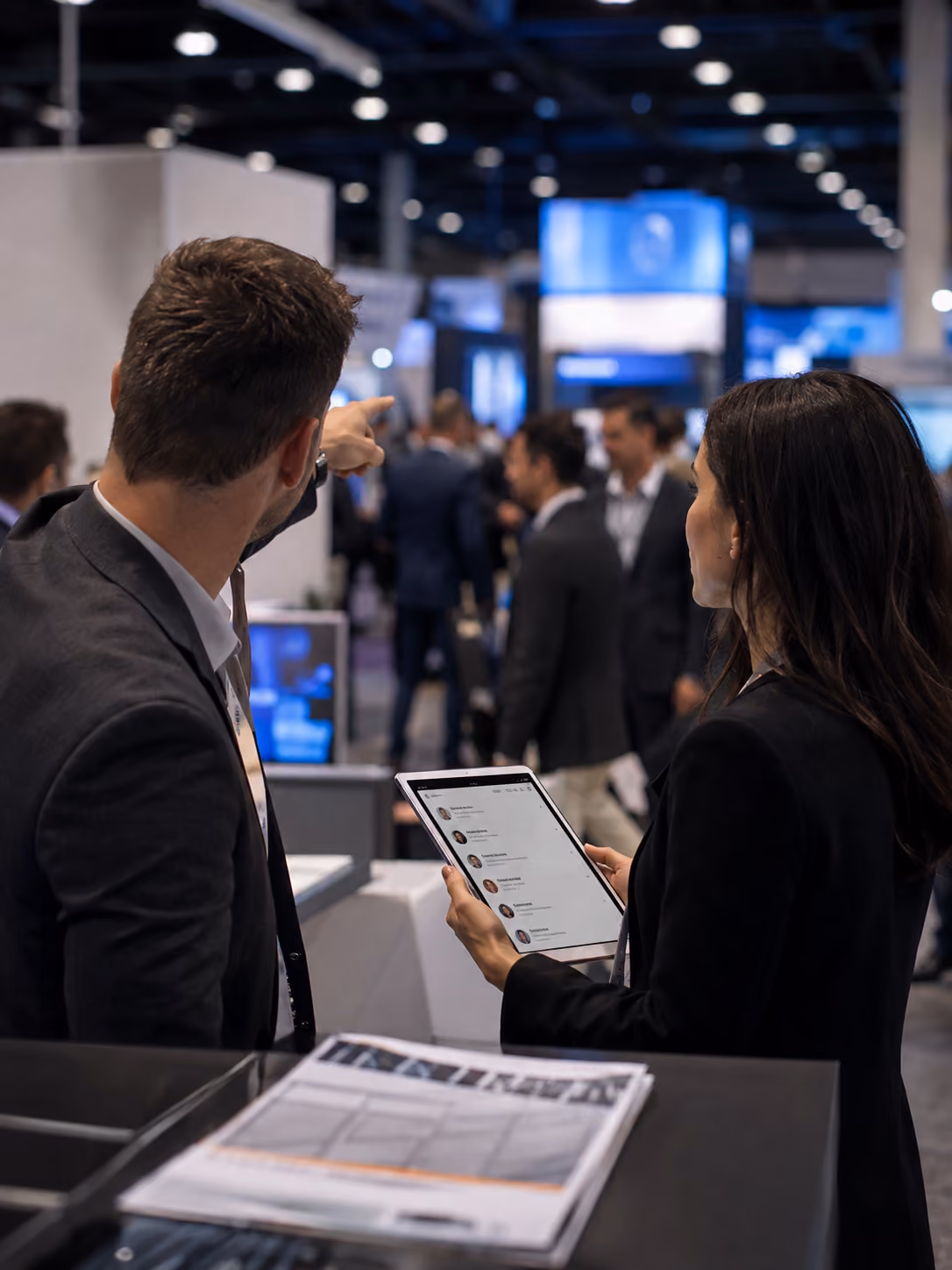Lensmor founder speaking with an exhibitor on the AUTOMATE show floor