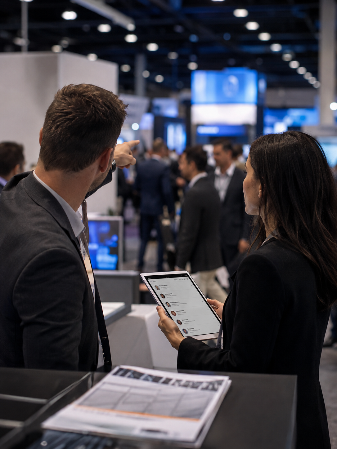 Lensmor founder speaking with an exhibitor on the AUTOMATE show floor