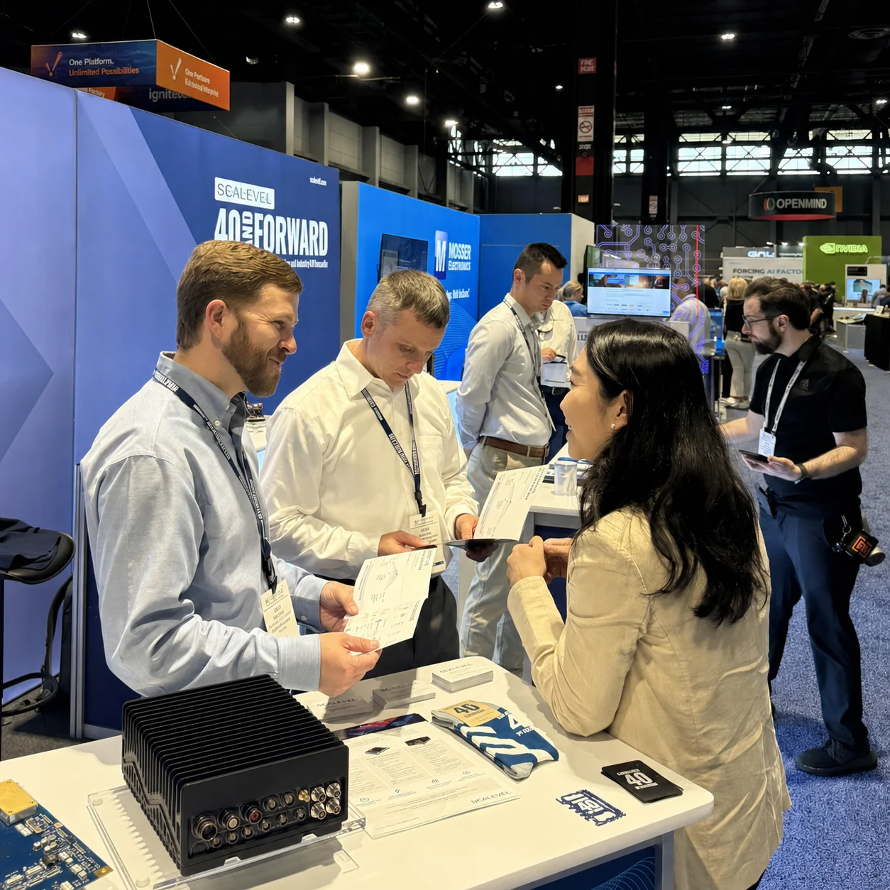 Business conversation at a technology trade show booth