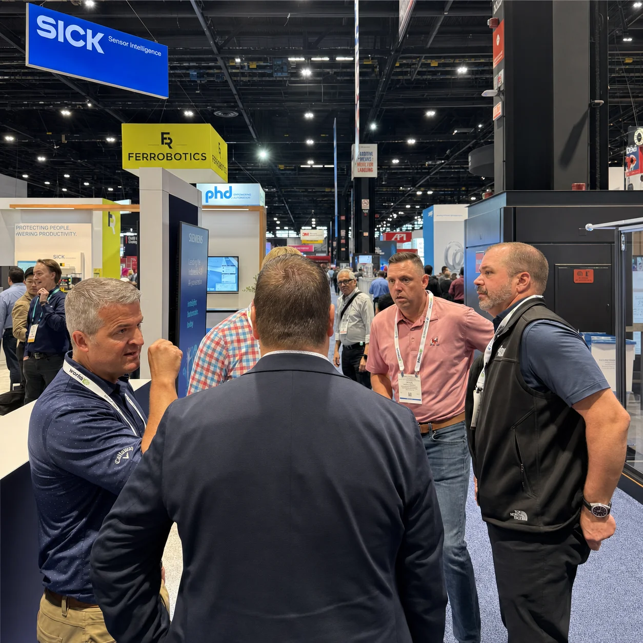B2B attendees in a focused show-floor conversation