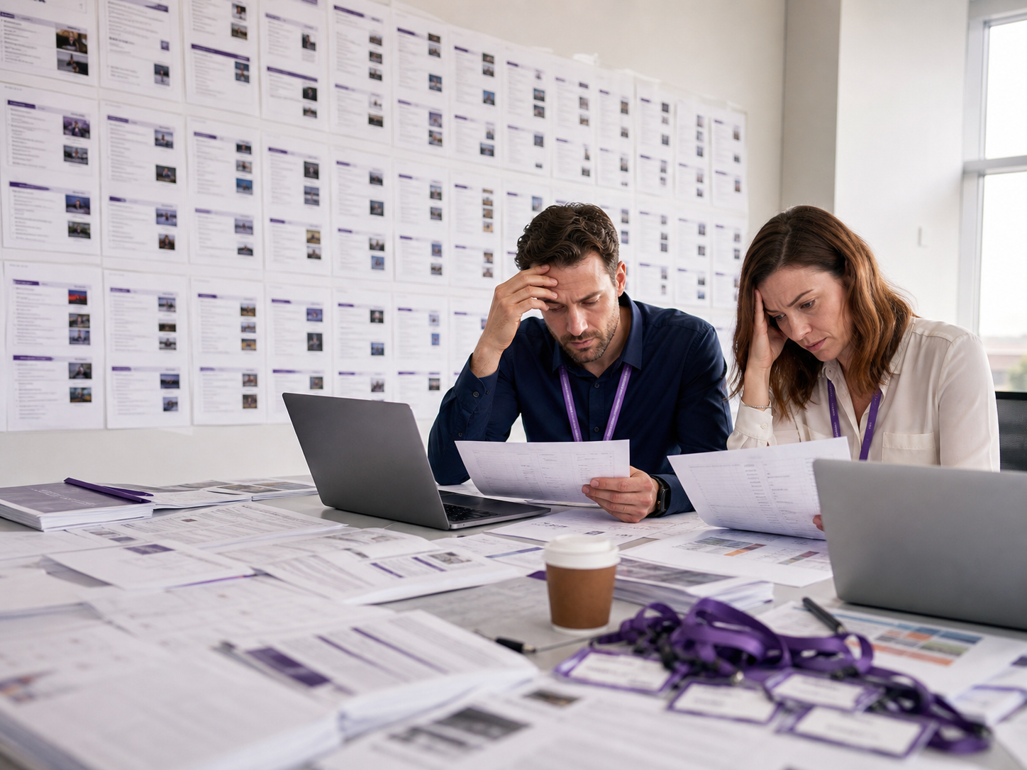 Marketing team overwhelmed by a large wall of exhibitor lists and printed company profiles.