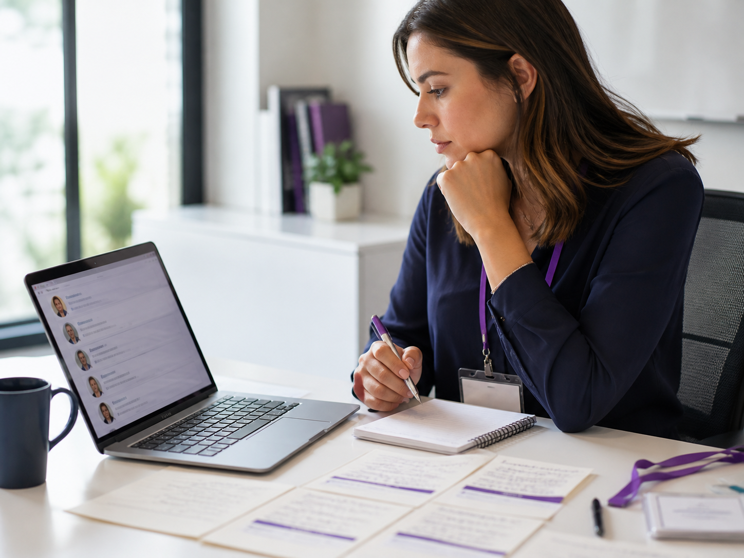 B2B marketer reviewing attendee profiles and incomplete context at a desk.