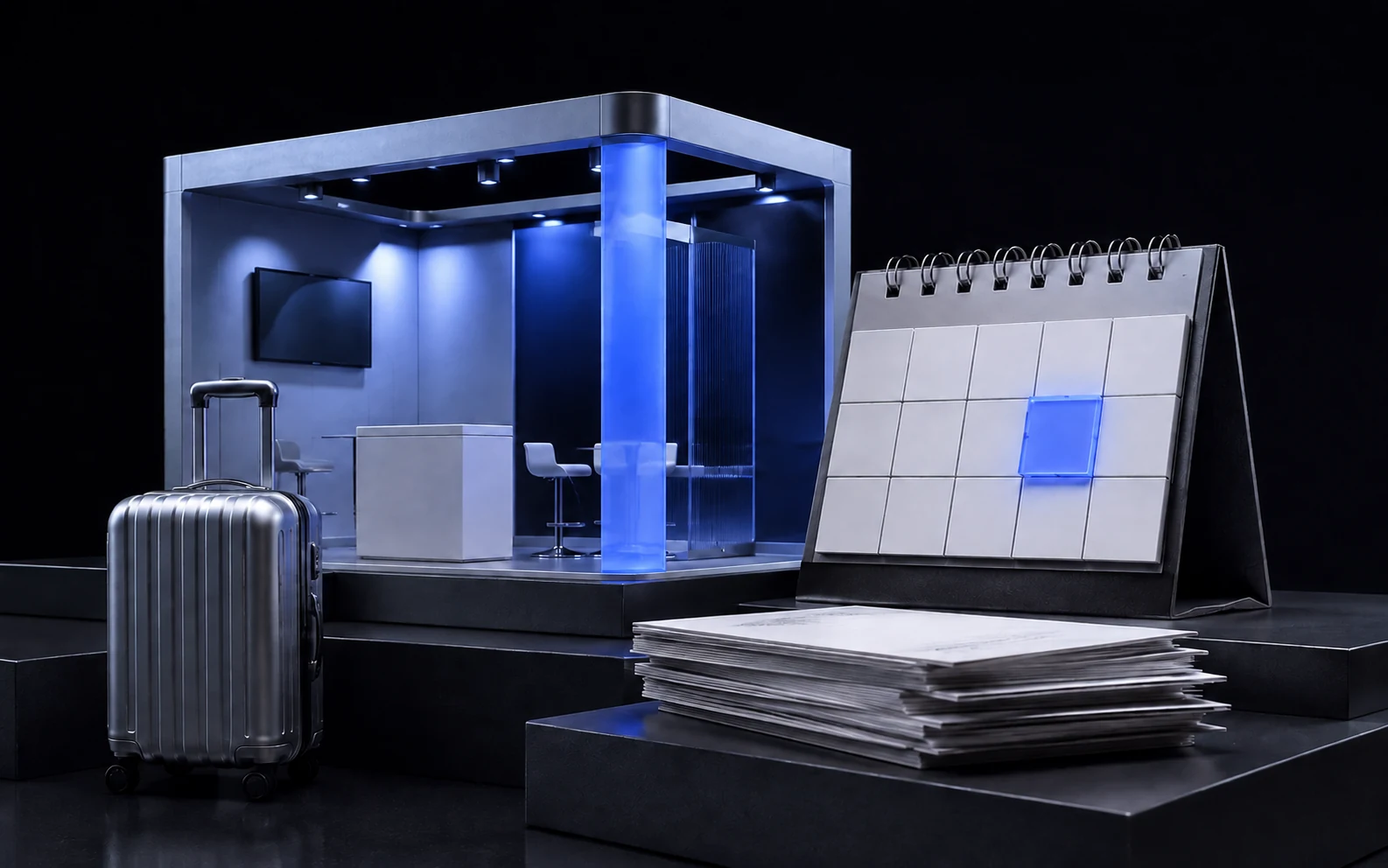 Illustration of trade show preparation with a booth, calendar and research documents