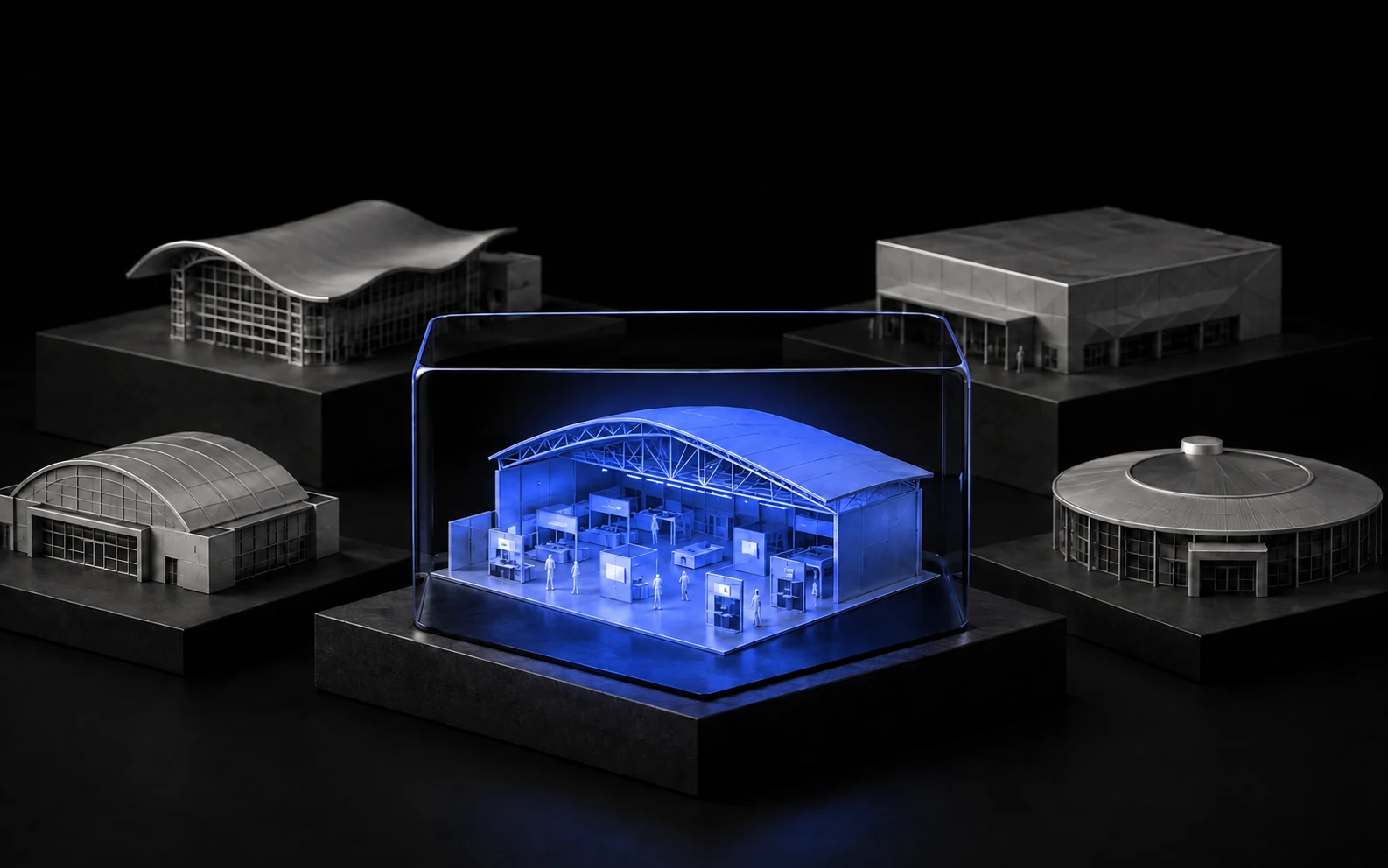 A selected exhibition hall illuminated among several event venues