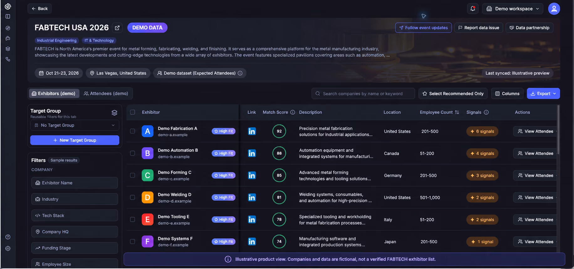 Illustrative Lensmor FABTECH workspace with fictional demo companies, sample match scores and target-group filters