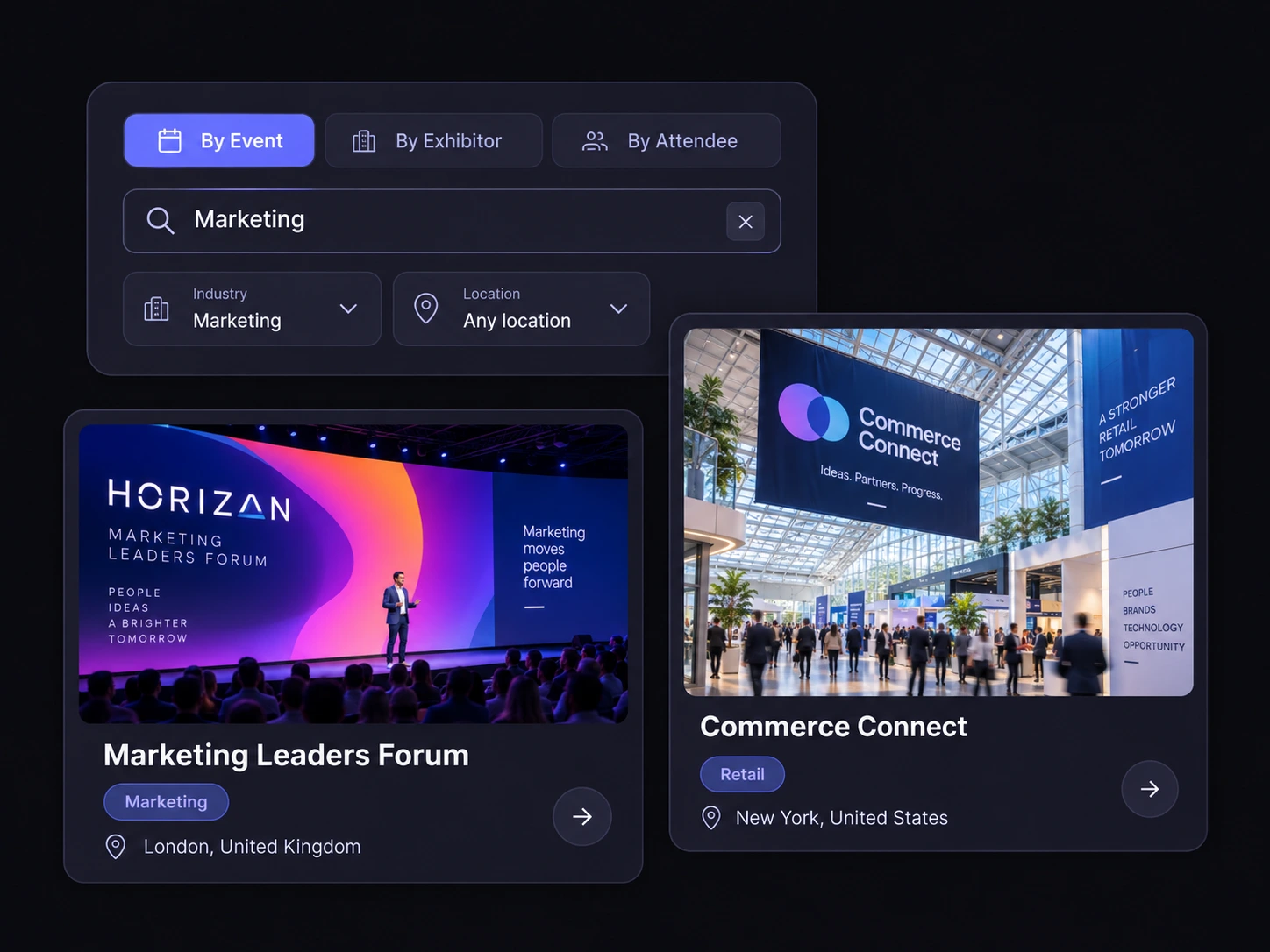 Conceptual event discovery with event, exhibitor and attendee search modes and two example event cards.