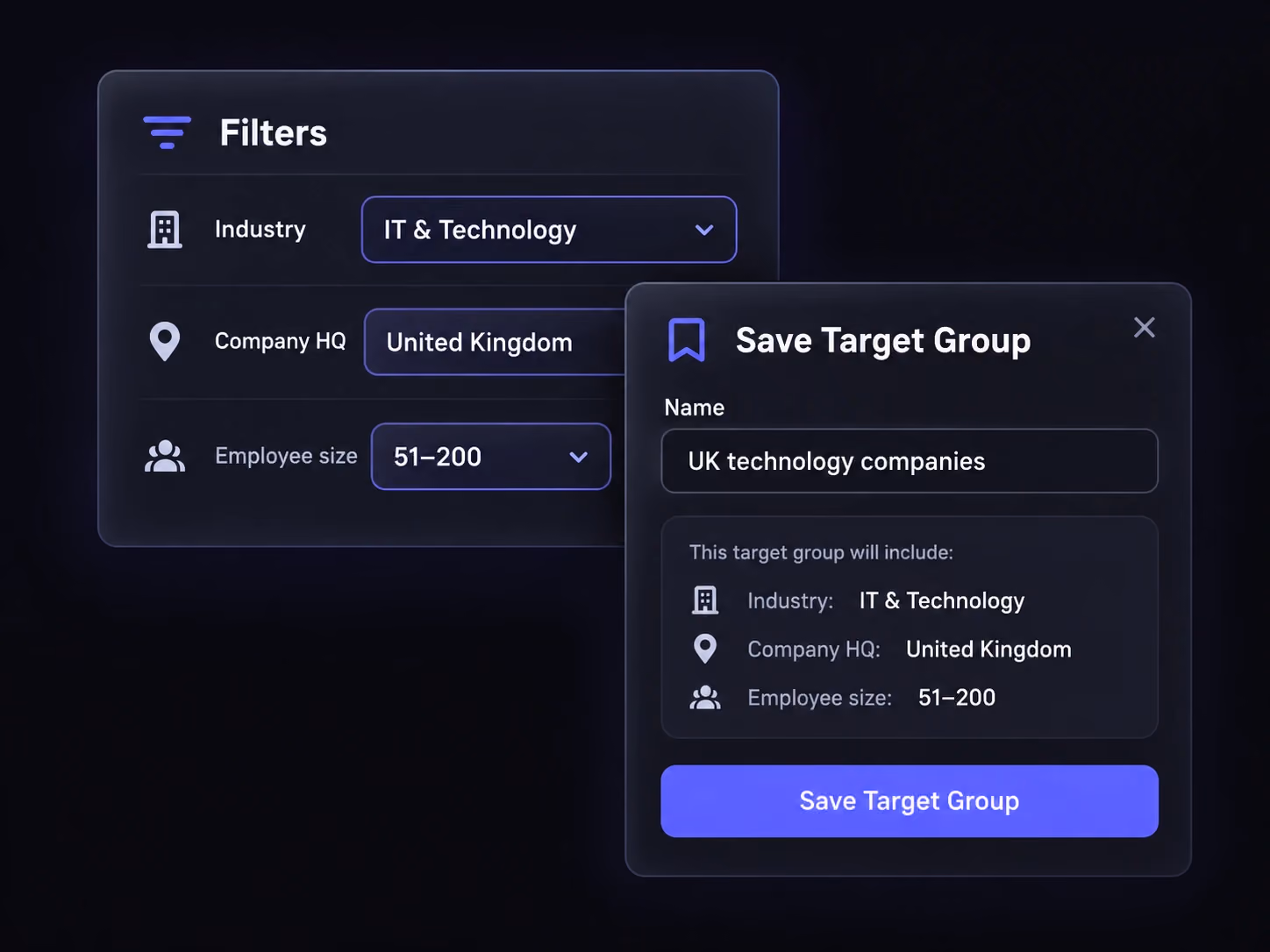 Benutzerdefinierte Filter für Branche, Unternehmenssitz und Mitarbeiterzahl werden als benannte Target Group gespeichert.