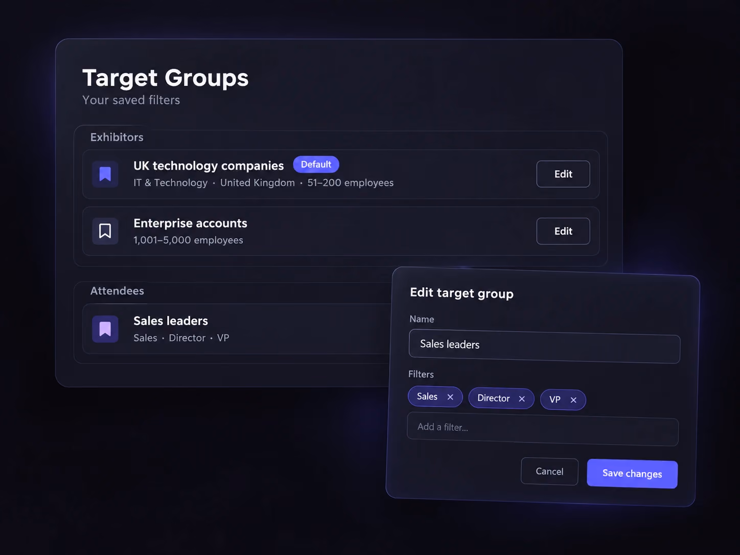 Gespeicherte Target Groups für Aussteller und Teilnehmer mit Bedienelementen für Namen und Filter.