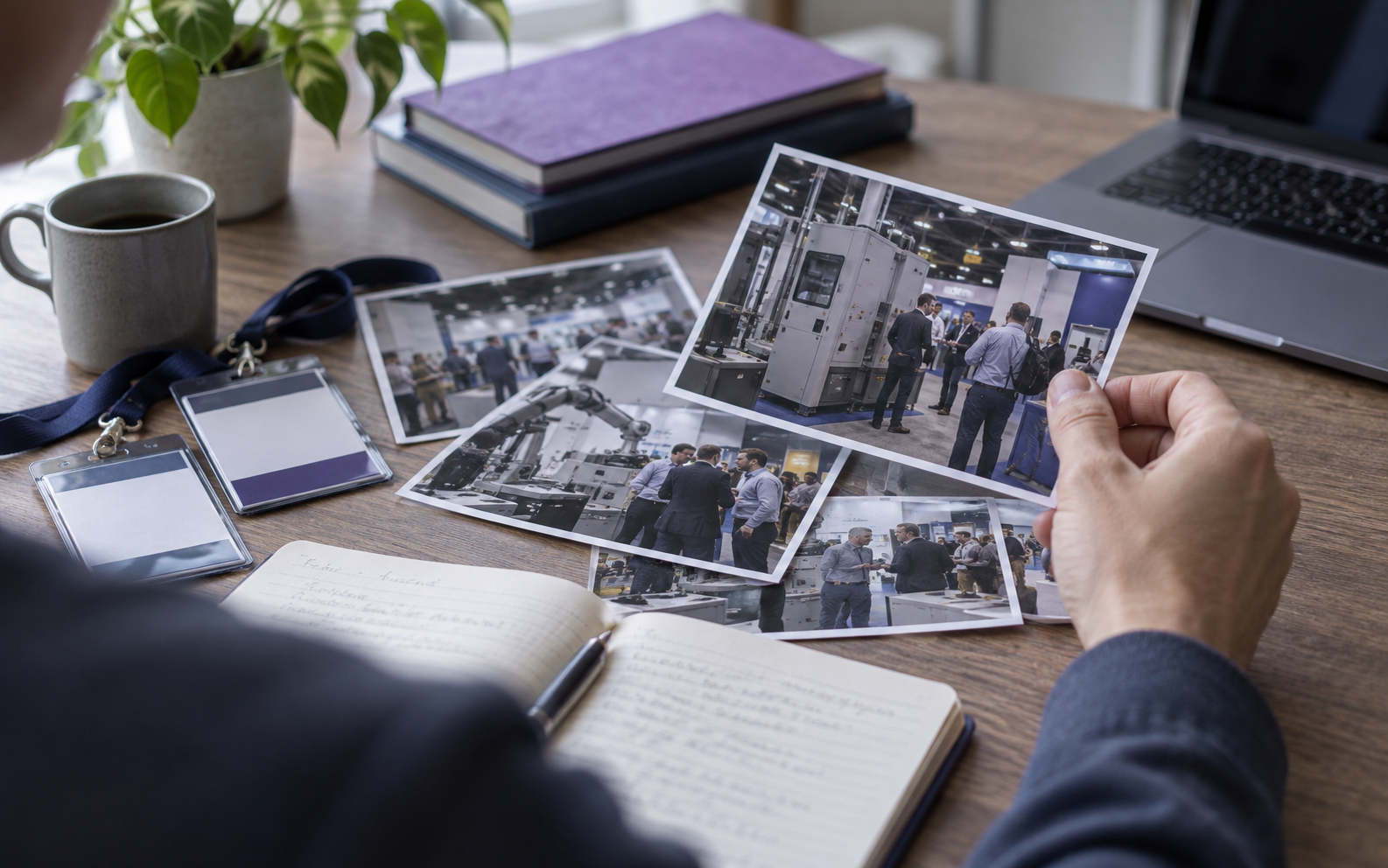 AI-generated illustration of a researcher reviewing photographs and badges from previous exhibitions.