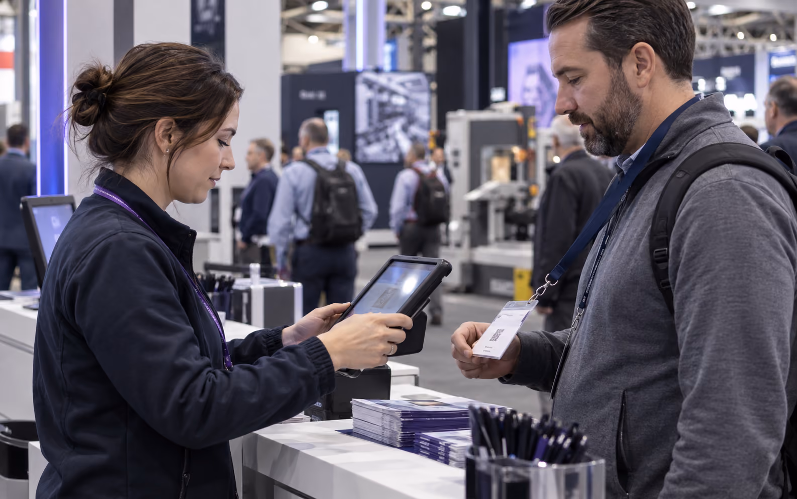 AI-generated illustration of an exhibition registration staff member checking an attendee badge.
