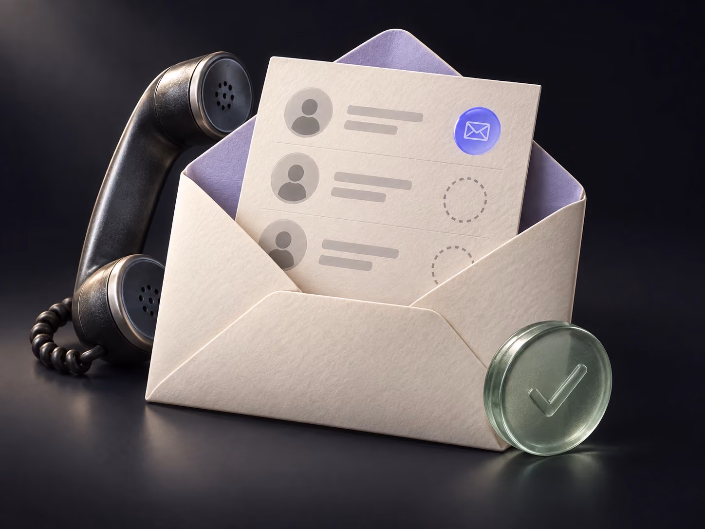 Une enveloppe ouverte contenant une fiche de coordonnées et un téléphone.