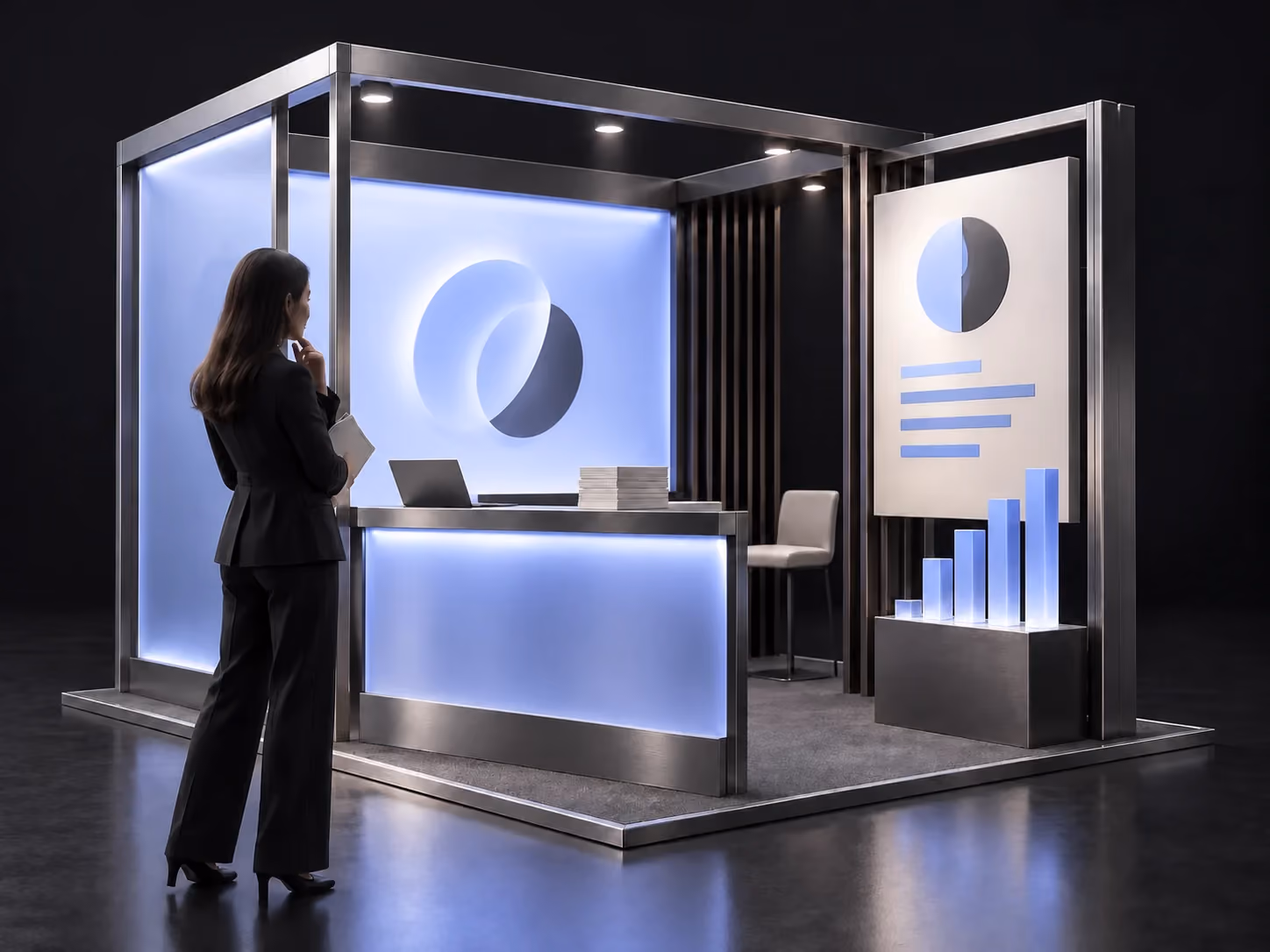 Messestand als Symbol für die Ausstellerrecherche