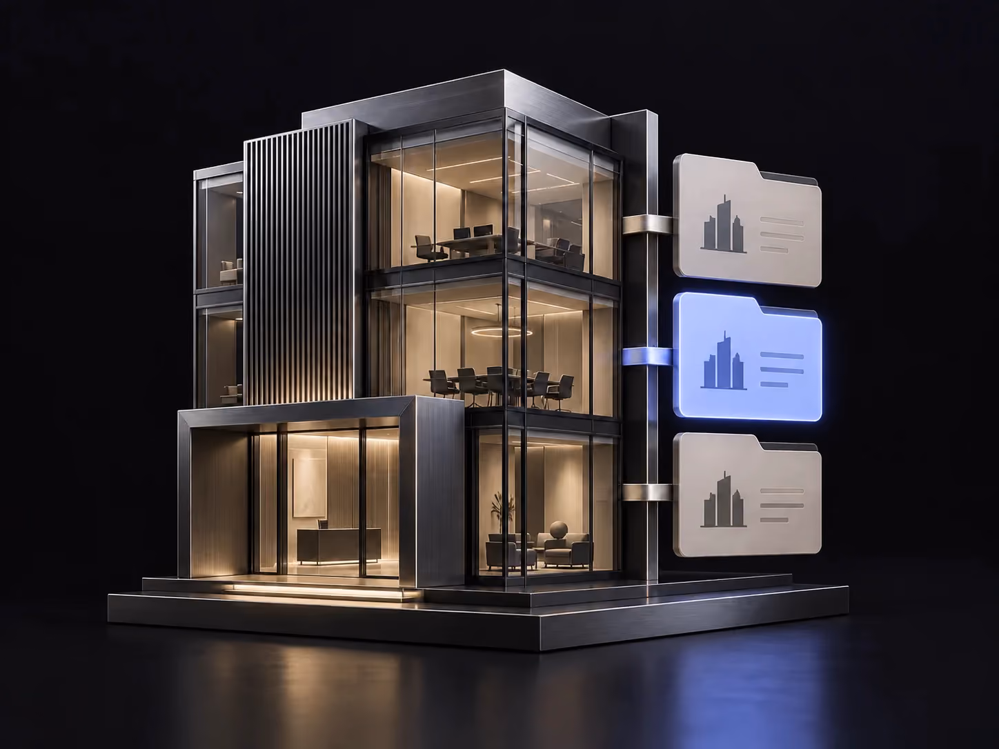 Un immeuble de bureaux symbolisant les entreprises correspondantes