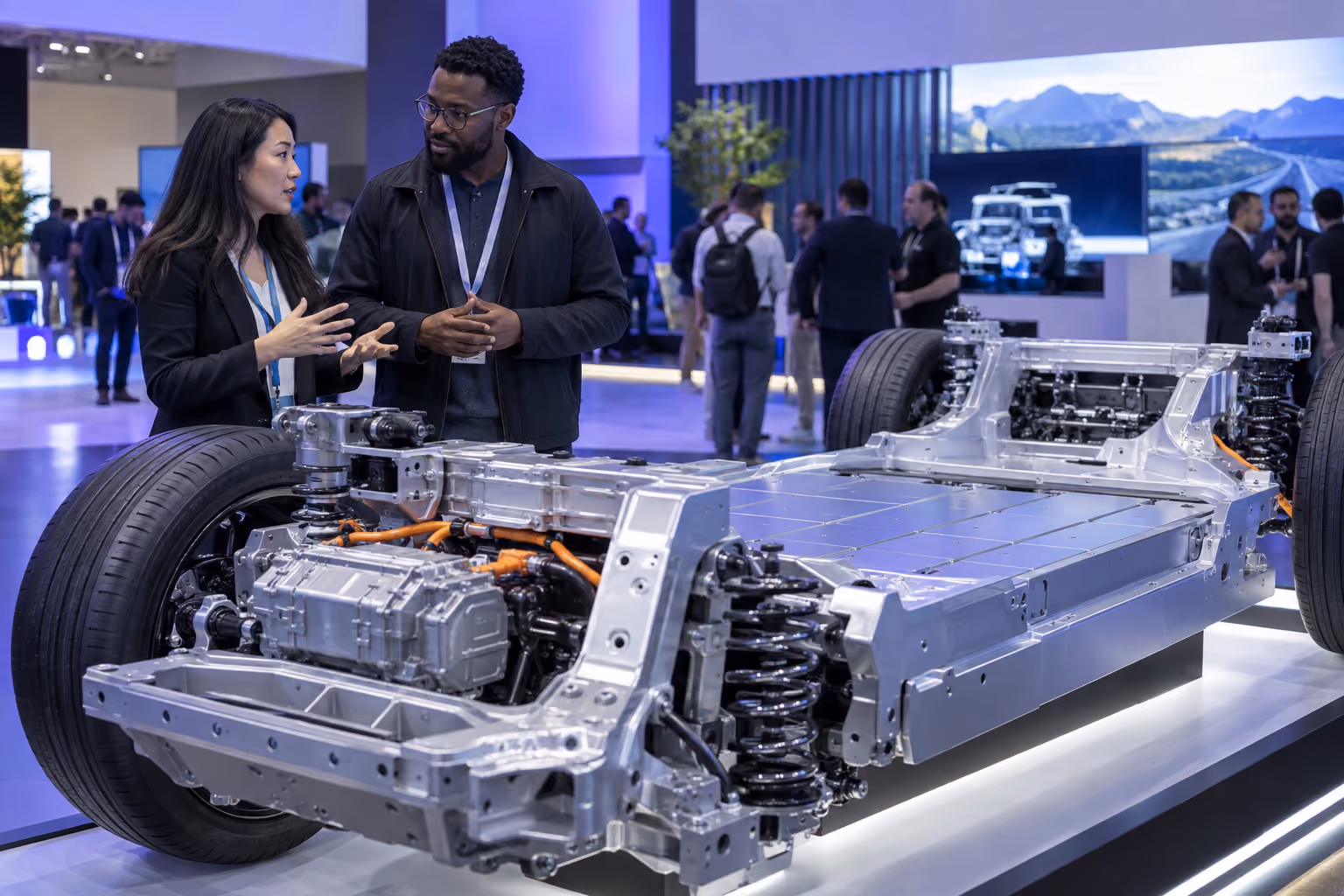 AI-generated business conversation beside an electric vehicle chassis