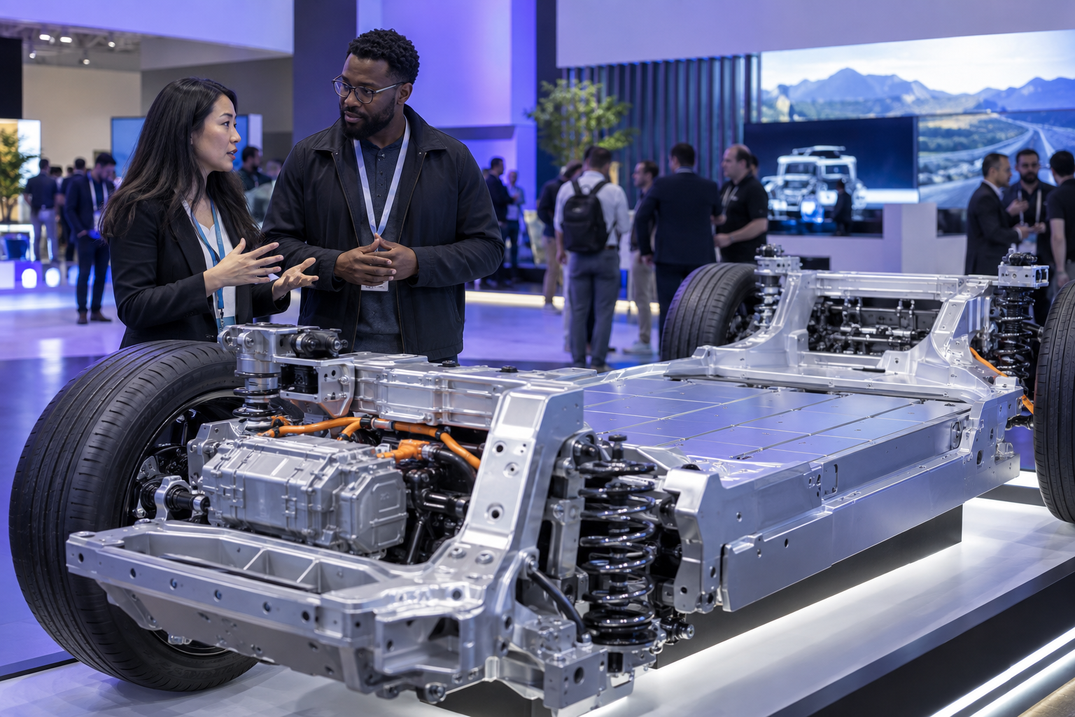 AI-generated business conversation beside an electric vehicle chassis