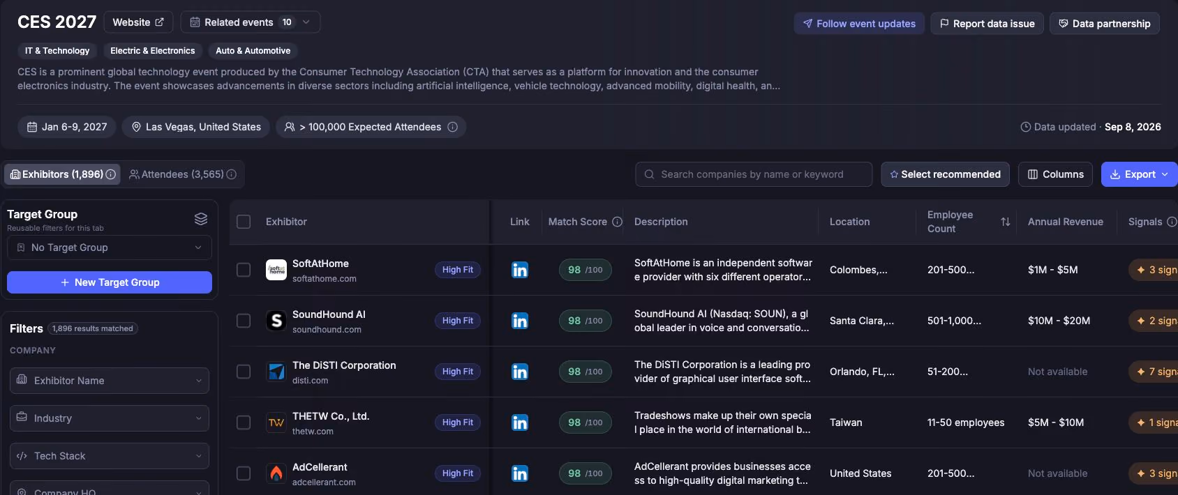 Real Lensmor CES exhibitor workspace with company filters, descriptions and employee counts