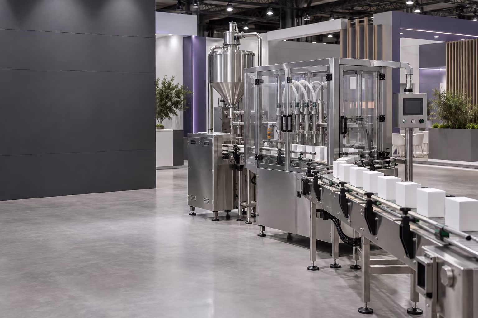AI-generated illustration of a clean stainless steel packaging line