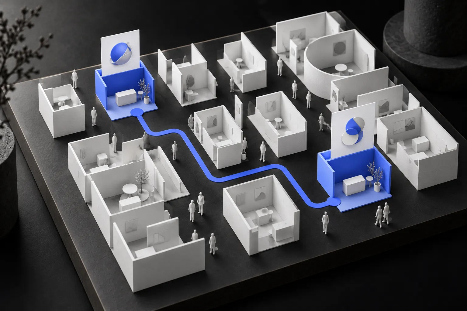 Paper exhibition booths connected by a blue path.